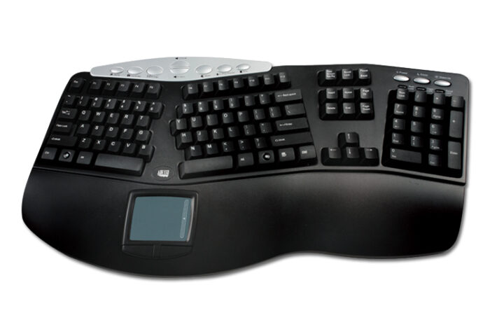 Sloped ergonomic design for maximum comfort on Adesso Tru-Form Pro 308 keyboard.