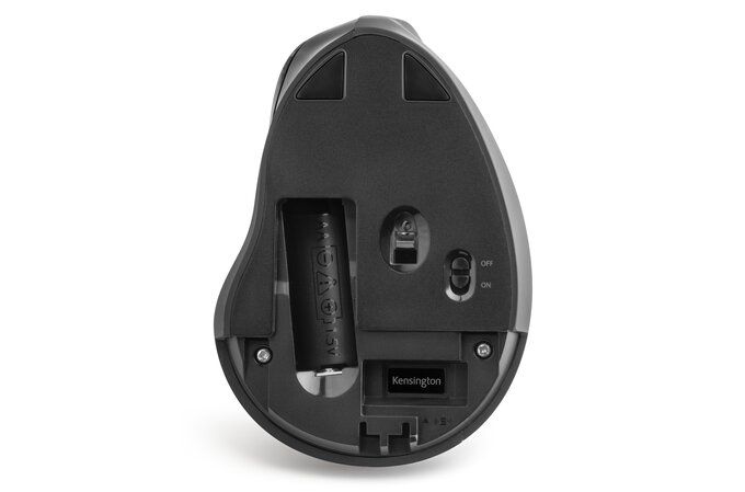 Wireless Kensington Pro Fit Ergo Vertical Mouse with USB dongle in storage compartment