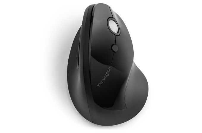 Black Kensington vertical mouse with wireless capabilities, designed for improved comfort and productivity